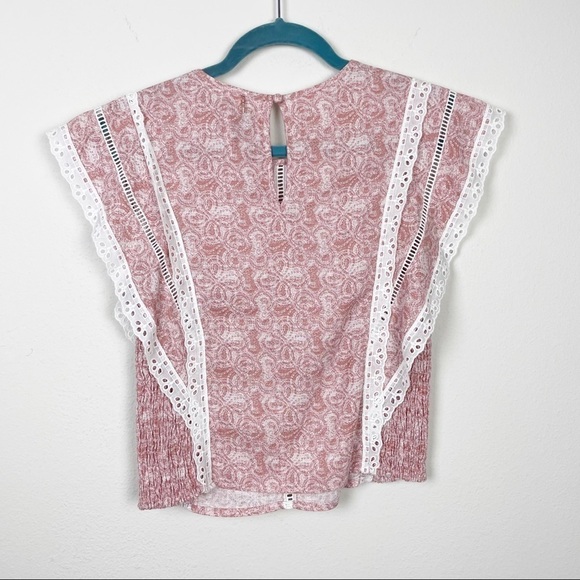 Misa Los Angeles Nilu Blouse in Washed Tile Pink Crochet Smocked Casual Flutter - Picture 3 of 7